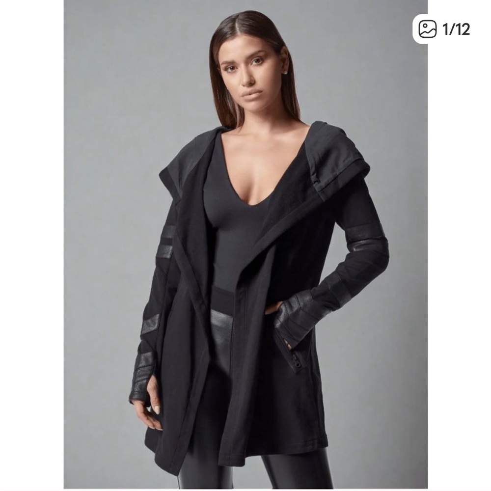 Blanc Noir Black Hooded Jacket with Leather Accents